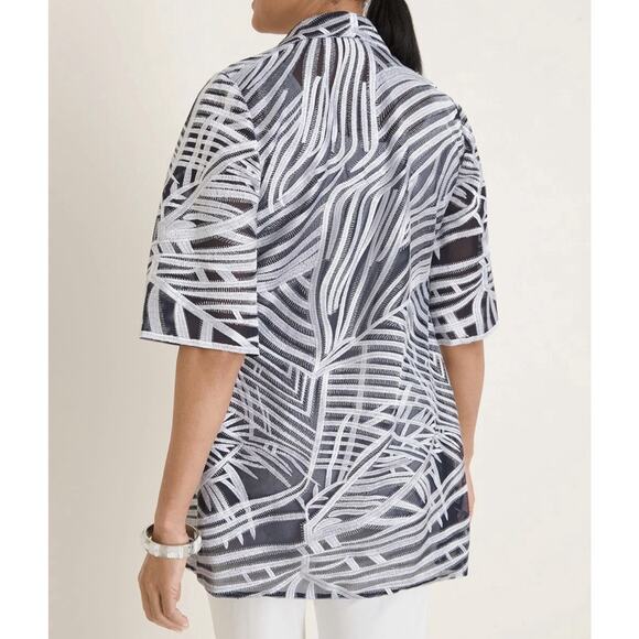 Chico's Travelers Printed Strip Jacket Sz 1 M 8-10 Navy Silver Mesh Embroidered - Picture 4 of 14